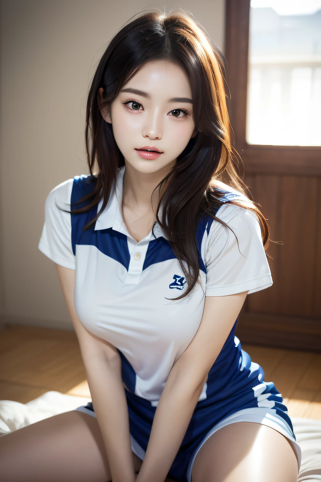 Dressed up、(Photo real:1.4)、(A hyper-realistic:1.4)、(Photorealistic:1.3)、 (gentle lighting: 1.05)、(Improve the lighting quality of your video:0.9)、32 k、 1Girl、20 years old girl、photorealistic lighting、Back lighting、Facial Lights、Ray Trace、(bright:1.2)、(Increase quality:1.4)、 (best quality real texture skin)、Fair eyes,Delicate and delicate face、 (tired and sleepy and satisfied : 0.0), Close-up of the face, basketball uniform : 1.3, (Bodyline mood improvement:1.1)、Glossy skin、pornstar、韓国アイドル、乃木坂アイドル、Sculptural Idol Pose、Beautiful actress、Neat woman、s whole body, and spread the legs apart, Big breasts, big thighs,