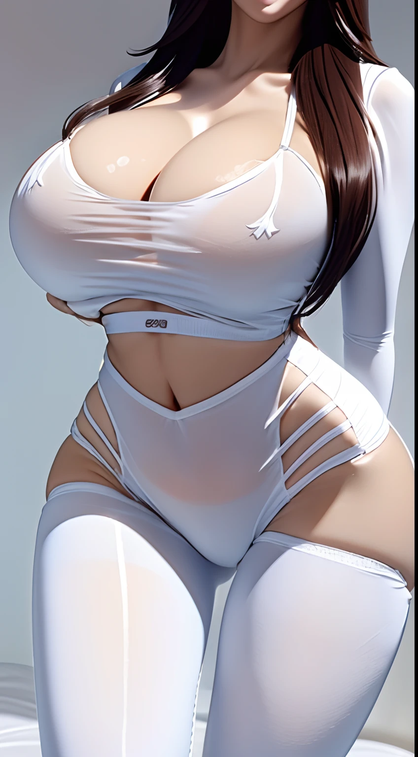 The back of a beautiful girl,Pure temperament,Bunched hair,ssmile,Super huge breasts,Large crotch width,Wear a tight transparent white shirt,Tight fitting shirts,showing waist,Minimalist panties,Stocking thighs,Take a picture of your back,ass close up
