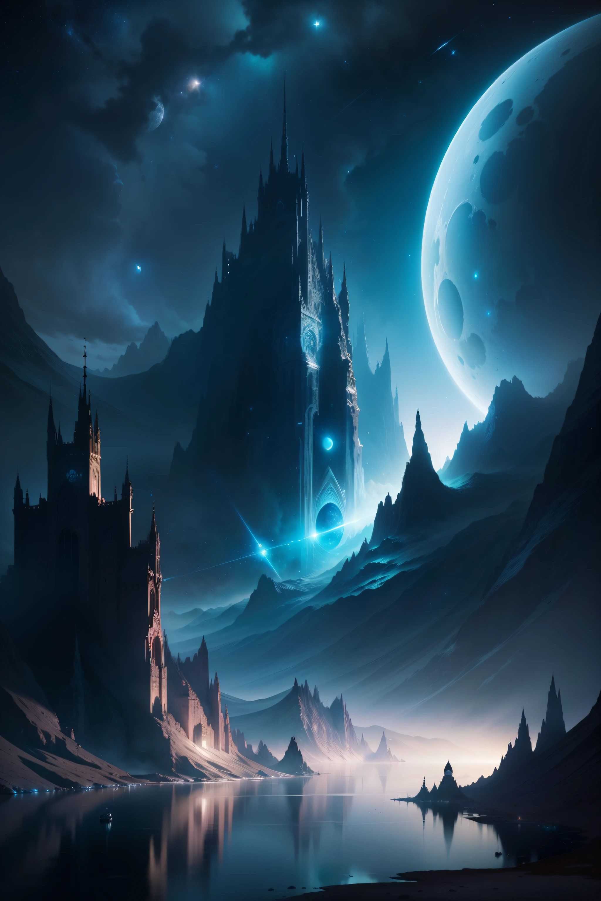 Lake view with moon and stars in the sky, Magnificent background, impressive fantasy landscape, alien breathtaking landscape, Beautiful alien landscape, Fantasy space, in the astral plane ) ) ), beautiful space, stunning alien landscape, magical scenery, detailed dreamscape, fantasy planet, very beautiful fantasy art, Art fantastique grand angle, beautiful detailed fantasy, breathtaking fantasy art