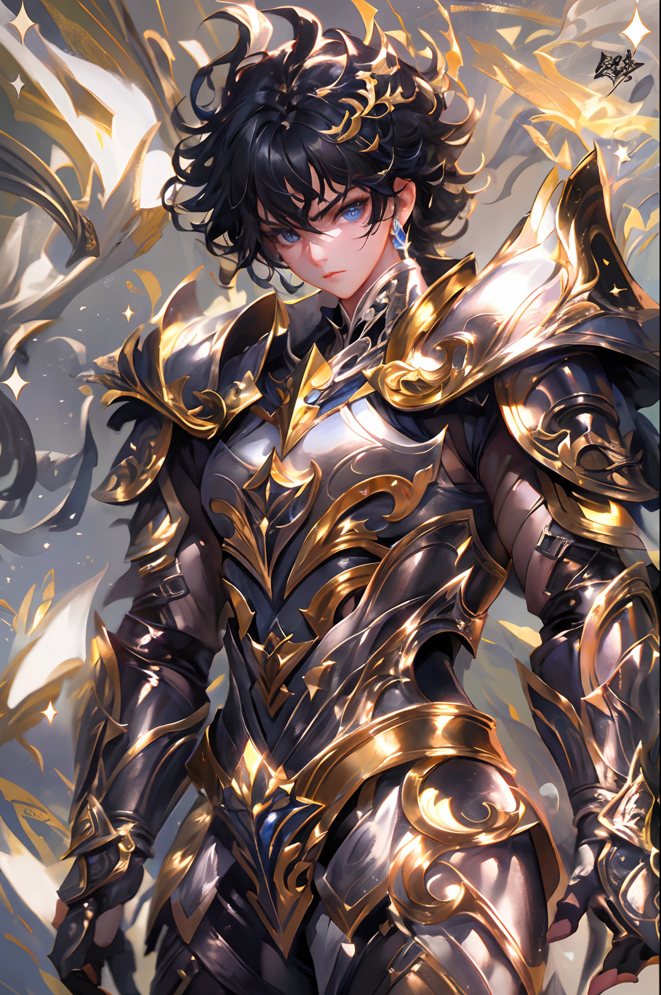 Ultra-high saturation,(tmasterpiece), fully body photo,(best qualtiy), (1girll), starryskybackground,Wearing shiny gold armor, Sexy lingerie type armor,Expose your chest,Expose the waistline,Exposing thighs,cool-pose, Saint Seiya Armor, messy hair,high detal, Anime style, Cinematic lighting, Sparkle, god light, Ray traching, filmgrain, hyper HD, textureskin, super detailing, Anatomical correct, A high resolution,Ultra-high saturation,hight contrast,High-gloss armor,Smooth skin,Serious expressions,Dark room,