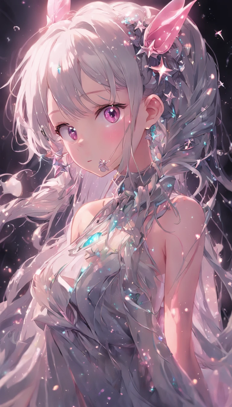((8K illustration,Great Masterpiece, Best quality)),((light grey hair,long twintails,braid hair)),((watery eyeballs,deep emerald eyes)),(((pink headband))),((two rabbit ears)), ((Ray tracing ,Best illumination, beautiful glitter,Best cinema lighting, Highly detailed skin,highly details eye ,dynamic degree view,Highly detailed face ,Reflective eyes ,reflective hair,highly detailed hair,Extremely delicate and beautiful stars,on the water)),Dramatic angle,((Nature,Cute face)),(bloom),(painting of beautiful),(((Long eyelashes,Beautiful eyes shadow))),((intricately details)),Solo,one girl ((((Beautiful and detailed cloth,black formal dress)))),Seductive smile,((((view the viewer,bust)))),(((((arms behind back)))))