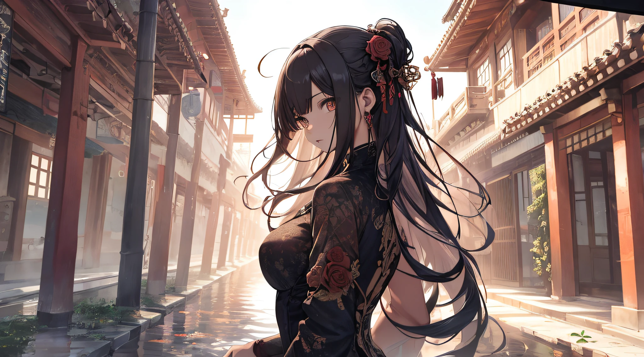 masterpiece, best quality, highres, 1girl, long hair, medium breasts, china dress, from side, looking back, upper body, partially immersed, rose, east asian architecture,