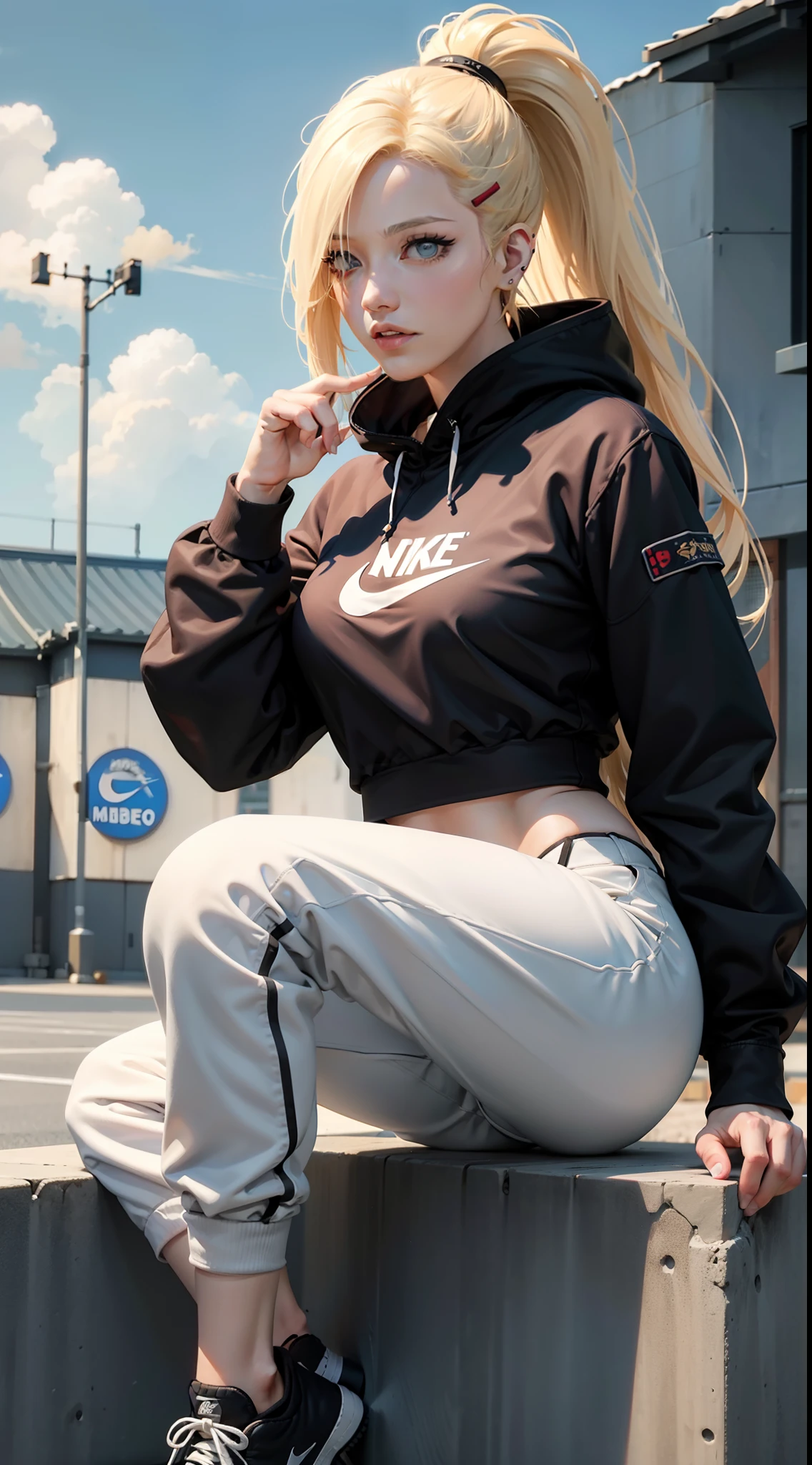 yamanaka ino from anime naruto, blonde hair, long hair, ponytail, wearing mascara, perfect body, perfect breasts, beautiful woman, very beautiful, wearing black nike hoodie, white jogger pants, wearing watch, wearing earrings, wearing nike shoes white, on the football field, Realism, masterpiece, textured skin, super detailed, high detail, high quality, best quality, 1080P, HD, 16k