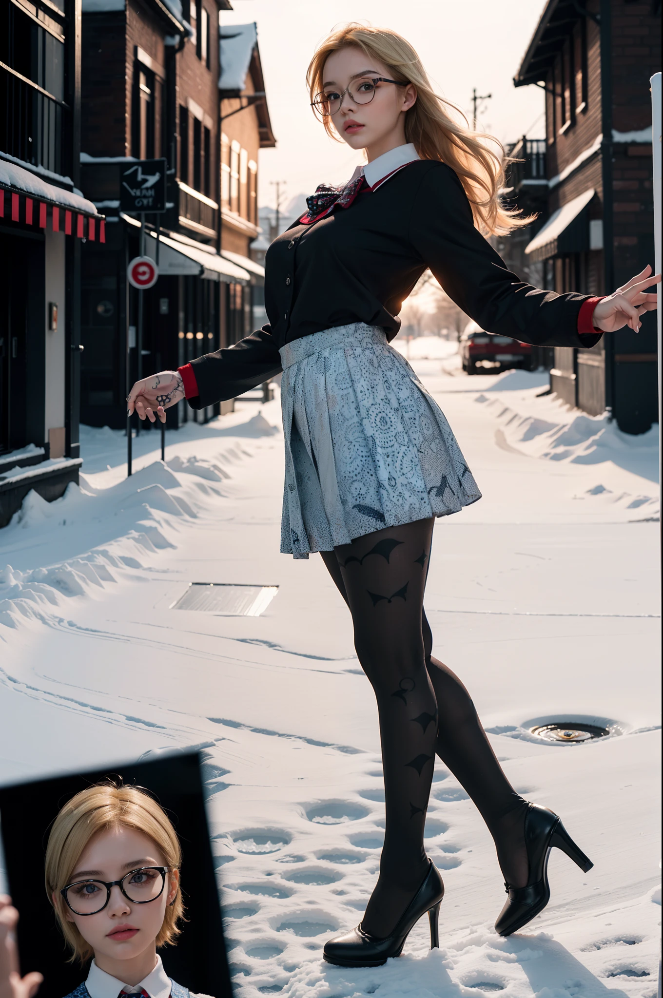 (full body:1.5),(((only one girl)):1.4),(view the viewer:1.4),((anatomy correct):1.45),(((Dancing on Snowy Mountains, Perfectly integrated background))):1.3),(she wears large glasses and Holding book in her hand:1.2),(shy:1.15),((Student pleated skirt's set):1.2),(((((((Patterns)))))) ,((thick pantyhose)):1.3),(((tattoo)):1.3),( Uniform high heels leather shoes with bows for female students:1.1),(((colorful)):1.2),(Accurate and perfect face:1.3),((red-eyed blonde):1.2),hyper HD, Ray traching, reflective light, structurally correct, Award-Awarded, high detail, lighten shade contrast, Face lighting ,cinematic lighting, masterpiece, super detailing, high quality, high detail, best quality, 16k,High contrast,