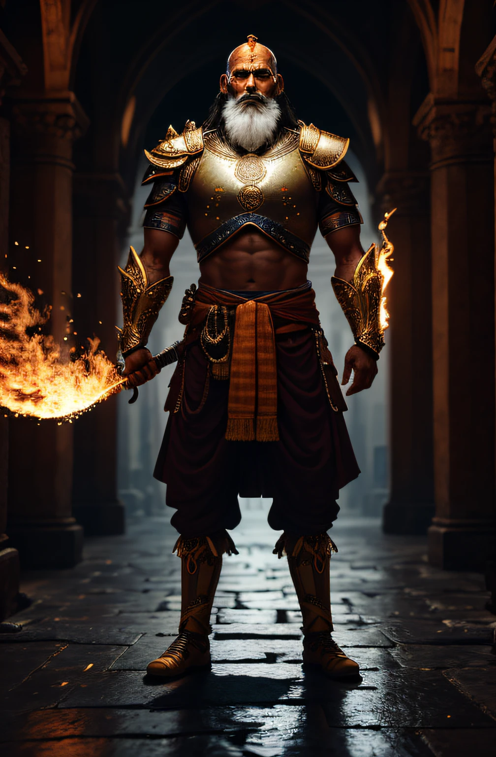Indian hindu sadhu (yogi) having good physic standing in a battleground holding fire sword in one hand and hindu flag in another. he is standing in a very proud pose. he is standing in a battlegroud where there is blood, fire everywhere. he is standing in a winning position.he has aggressive face and shiny, attractive battle armor on his body. extremely detailed 8k wallpaper), intricate, richly detailed, dramatic,  ready for combat, graphics insanely, light is reflected in the ornaments, bright ashes ooze from the torches in the vaulted passage during the leisurely walk through the gloomy cathedral, Show the whole person with some distance from the surroundings to get your own license.3d