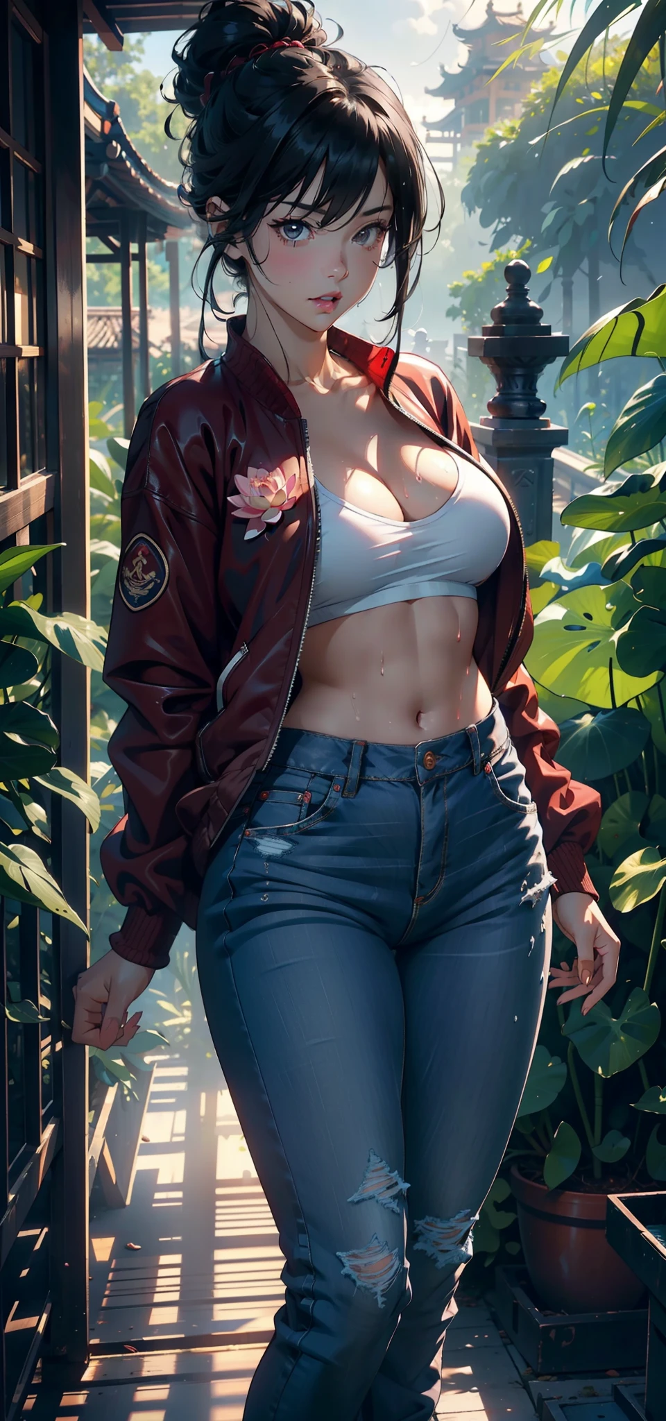 1female,3 years old,bit girl,Big breasts Thin waist,long leges,Pornographic exposure, 独奏,(Background with:bamboo forrest,lotuses,lotus flower,exteriors,Lotus pond) She has short black hair,Qi bangs,bobo head,standing on your feet,Sweat profusely,drenched all over the body,seen from the front, hair straight, mostly cloudy sky,(((tmasterpiece),(Very detailed CG unity 8K wallpaper),best qualtiy,cinmatic lighting,detailed back ground,beatiful detailed eyes,Bright pupils,Black eyes,(Very fine and beautiful),(Beautiful and detailed eye description),ultra - detailed,tmasterpiece,)),facing at camera,A high resolution,ultra - detailed),revealing breasts,Bare genitalia, Bulge,legs are open,Raised sexy,Camel toes,Flushed complexion,Open-mouthed,frontage,elementary student(Red baseball jacket,Sexy revealing jeans,athletic sneakers,nakeness),Frontal photo