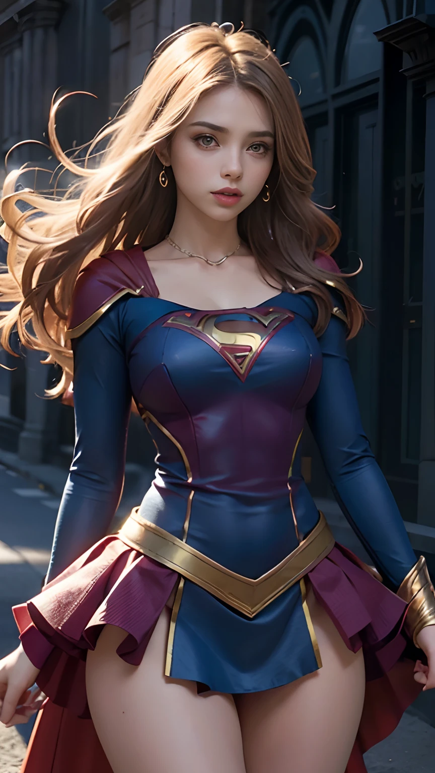 Corpo da mulher definir seios grandes，Vestido de fantasia Supergirl，clivagem，peito nu，calcinha exposta，does not wear panties，foco na bunda