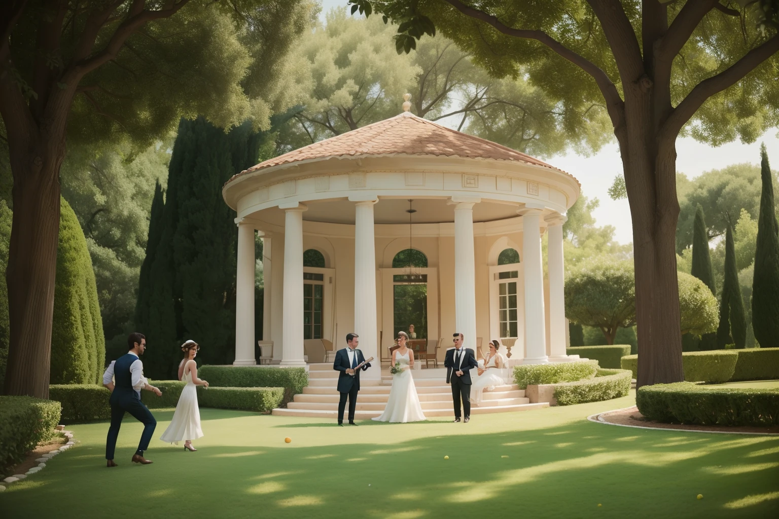 Year: 2019
Country: Greece
Description: On the grounds of an elegant Athens mansion, a group of friends attend a sophisticated garden party. Men in stylish suits and women in retro-inspired dresses converse while sipping on champagne. A band plays on the gazebo, and children play croquet on the perfectly manicured lawn.