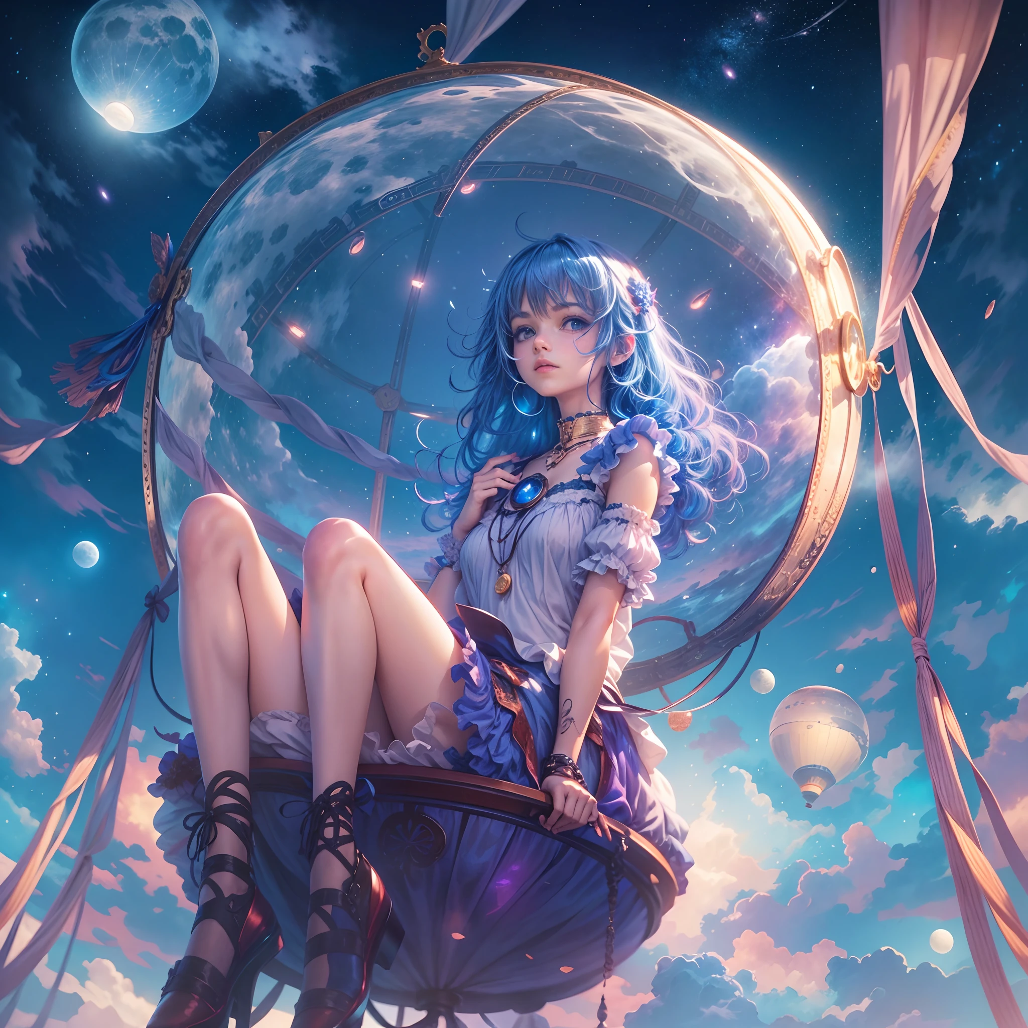tmasterpiece,best qualtiy,Comic screenshot,1girll,A blue-haired,Girl sitting in a high-tech hot air balloon frame,Romantic nebulae and the moon are entangled,Side close-up,Theatrical lighting,themoon,Skysky,starrysky,Quiet,mistic,Composition of thirds,Circular composition,