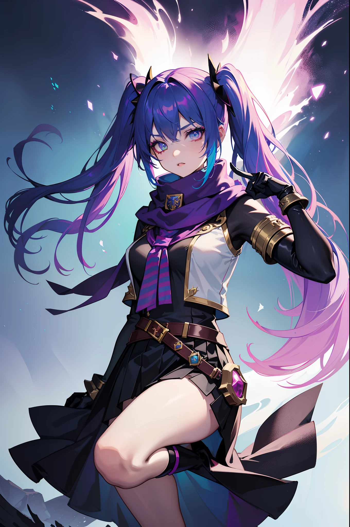league of legend female character, hyper league of legend art style, void magic student, ((cloak, mini skirt, badge, hand glove, belt, armlet, scarf)), ((colorful twintails, colorful pupil, stripe make up, perfect body shape)), (evil aura, vine effect), (masterpieces, fantasy world, hyper resolution), library background