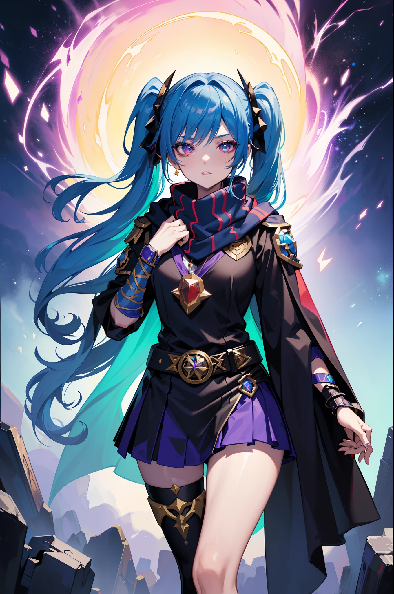 league of legend female character, hyper league of legend art style, void magic student, ((cloak, mini skirt, badge, hand glove, belt, armlet, scarf)), ((colorful twintails, colorful pupil, stripe make up, perfect body shape)), (evil aura, vine effect), (masterpieces, fantasy world, hyper resolution), library background