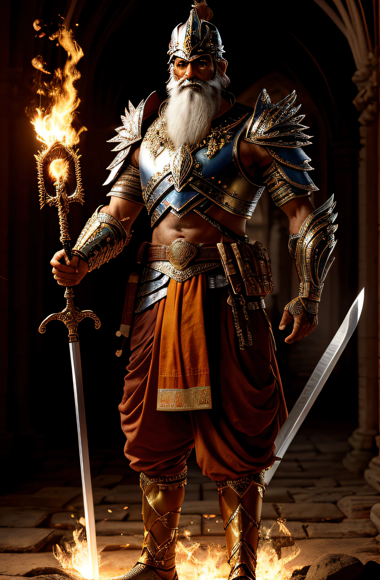 Indian hindu sadhu (yogi) having good physic standing in a battleground holding fire sword in one hand and hindu flag in another. he is standing in a very proud pose. he is standing in a battlegroud where there is blood, fire everywhere. he is standing in a winning position.he has aggressive face and shiny, attractive battle armor on his body. extremely detailed 8k wallpaper), intricate, richly detailed, dramatic,  ready for combat, graphics insanely, light is reflected in the ornaments, bright ashes ooze from the torches in the vaulted passage during the leisurely walk through the gloomy cathedral, Show the whole person with some distance from the surroundings to get your own license.3d
