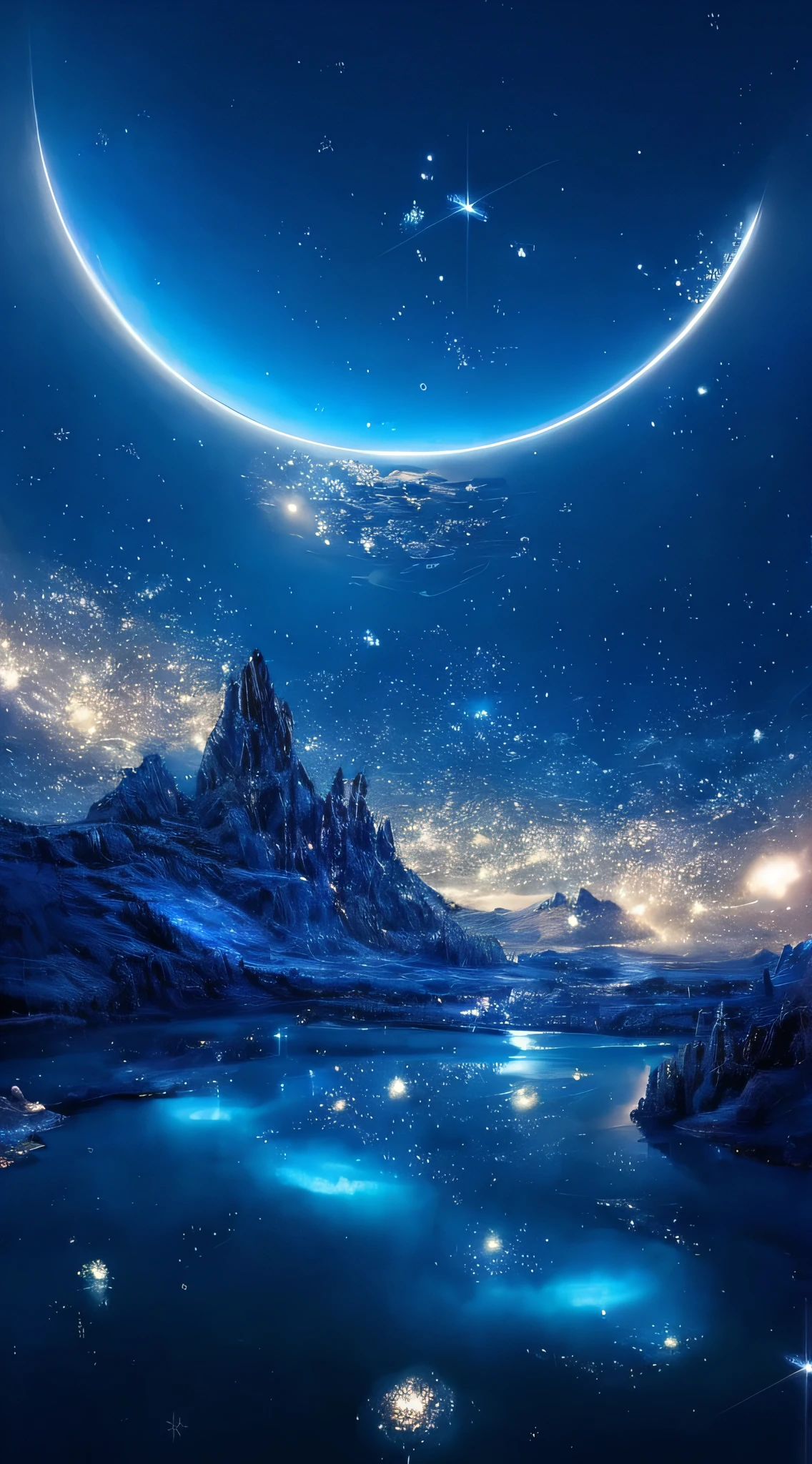Lake view with moon and stars in the sky, Magnificent background, impressive fantasy landscape, alien breathtaking landscape, Beautiful alien landscape, Fantasy space, in the astral plane ) ) ), beautiful space, stunning alien landscape, magical scenery, detailed dreamscape, fantasy planet, very beautiful fantasy art, Art fantastique grand angle, breathtaking fantasy art, beautiful detailed fantasy