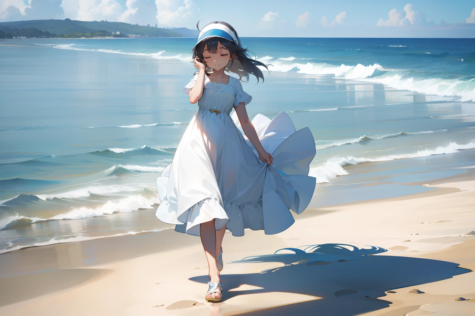 A young girl walks on the beach,One hand up,Ruffle your hair,With a visor,Wearing a white dress,Behind you is the sea,Islands in the distance,Gentle light,The girl closed her eyes
