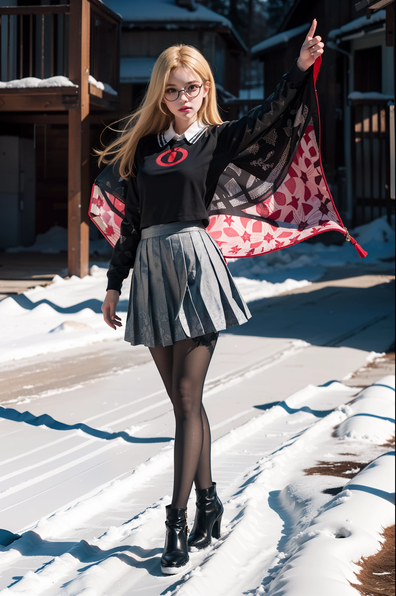 (full body:1.5),(((only one girl)):1.4),(view the viewer:1.4),((anatomy correct):1.45),(((Dancing on Snowy Mountains, Perfectly integrated background))):1.3),(she wears large glasses and Holding book in her hand:1.2),(shy:1.15),((Student pleated skirt's set):1.2),(((((((Patterns)))))) ,((thick pantyhose)):1.3),(((tattoo)):1.3),( Uniform high heels leather shoes with bows for female students:1.1),(((colorful)):1.2),(Accurate and perfect face:1.3),((red-eyed blonde):1.2),hyper HD, Ray traching, reflective light, structurally correct, Award-Awarded, high detail, lighten shade contrast, Face lighting ,cinematic lighting, masterpiece, super detailing, high quality, high detail, best quality, 16k,High contrast,