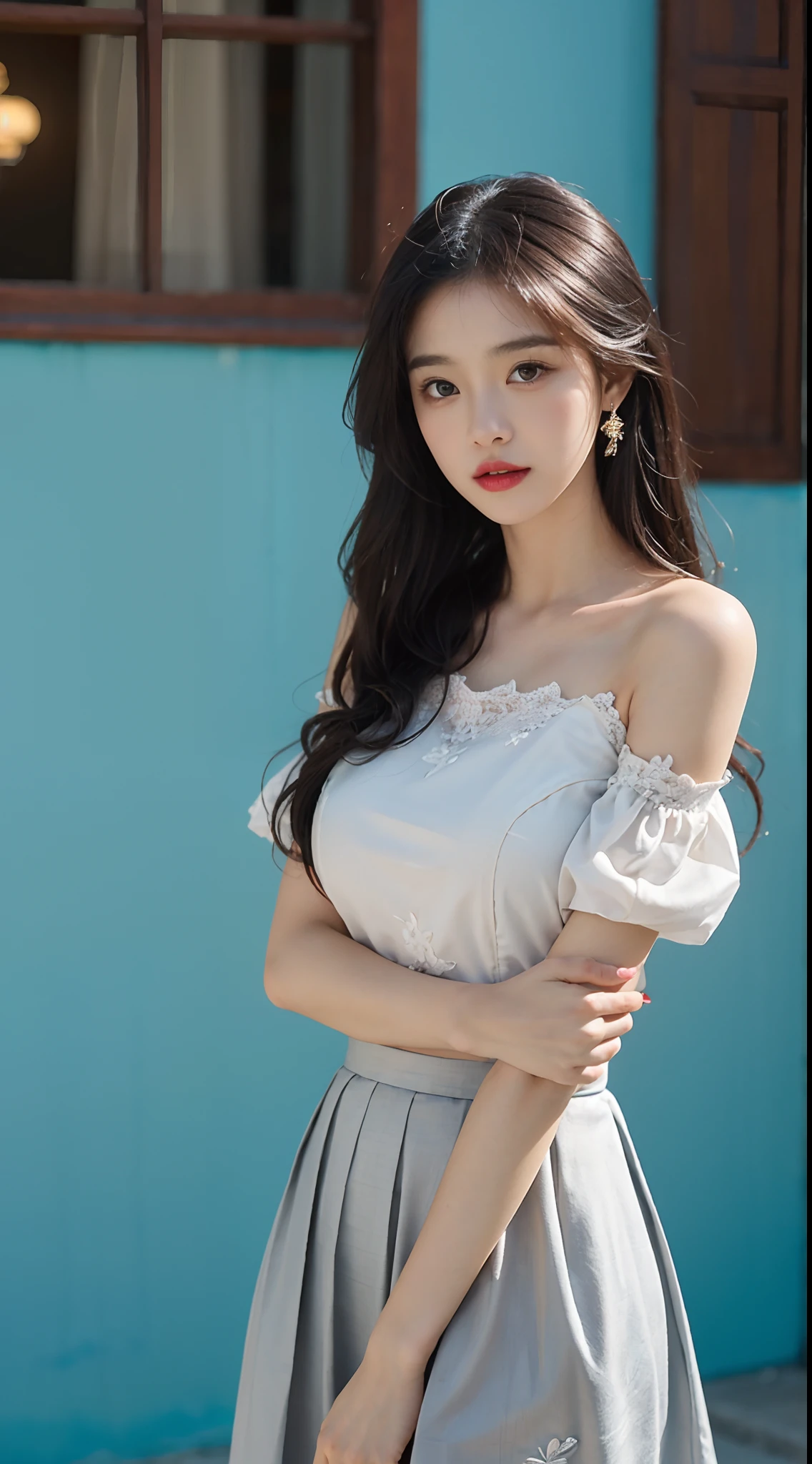 A perfect young female white-collar worker,Chinese big breasts,High picture quality,Works of masters,Black hair,Long hair shawl,Long hair flowing over the shoulders,Beach wave hairstyle,cropped shoulders,鎖骨,exquisite face,Hydrated red lips,((Wear colorful and stylish summer sailor suits))(red colour,blue colors,green color,Violet-orange,In pink,amarelo,Printed clothing),Kurfo,,Colorful pleated skirt,Shadow lace skirt,Sparkling gemstone dress,Lightning astral dress,Crystal elements,Embroidery pattern elements,Fringed skirt,snowflake dress,Moonlight skirt,Butterfly fairy dress,Drizzle dress,lumnious,white stockings,Lace material,Silk clothing,Real Human,(White interior wall background:1.5),CG rendering,16k,Stand up,Empty interior,Do not show your hands,Close-up shot