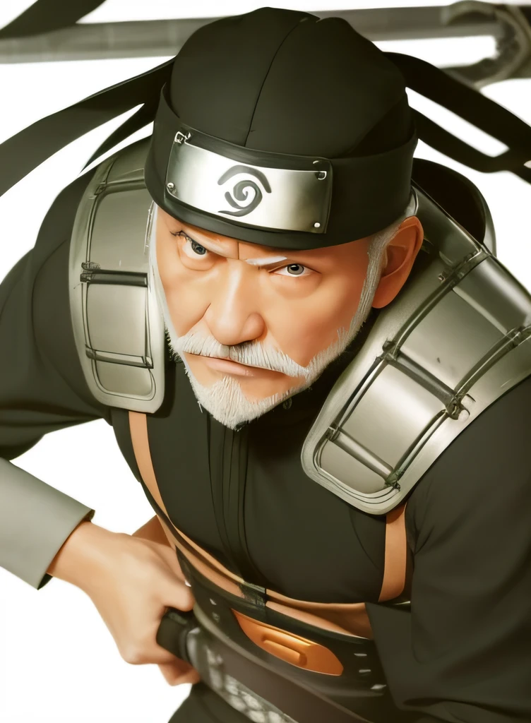 Sarutobi is a character in the Naruto anime. An old man. Wears a black helmet with the Konoha logo. The helmet is decorated with iron armor plates like long ears on both sides of the edges. On his shoulder there is an iron shield. Wearing a black long sleeve spandex shirt. has 3 lines under his eyes, there is a white beard which is only on his chin. exudes a sense of wisdom and authority as the esteemed Third Hokage from the Naruto Anime. Potrait Photo