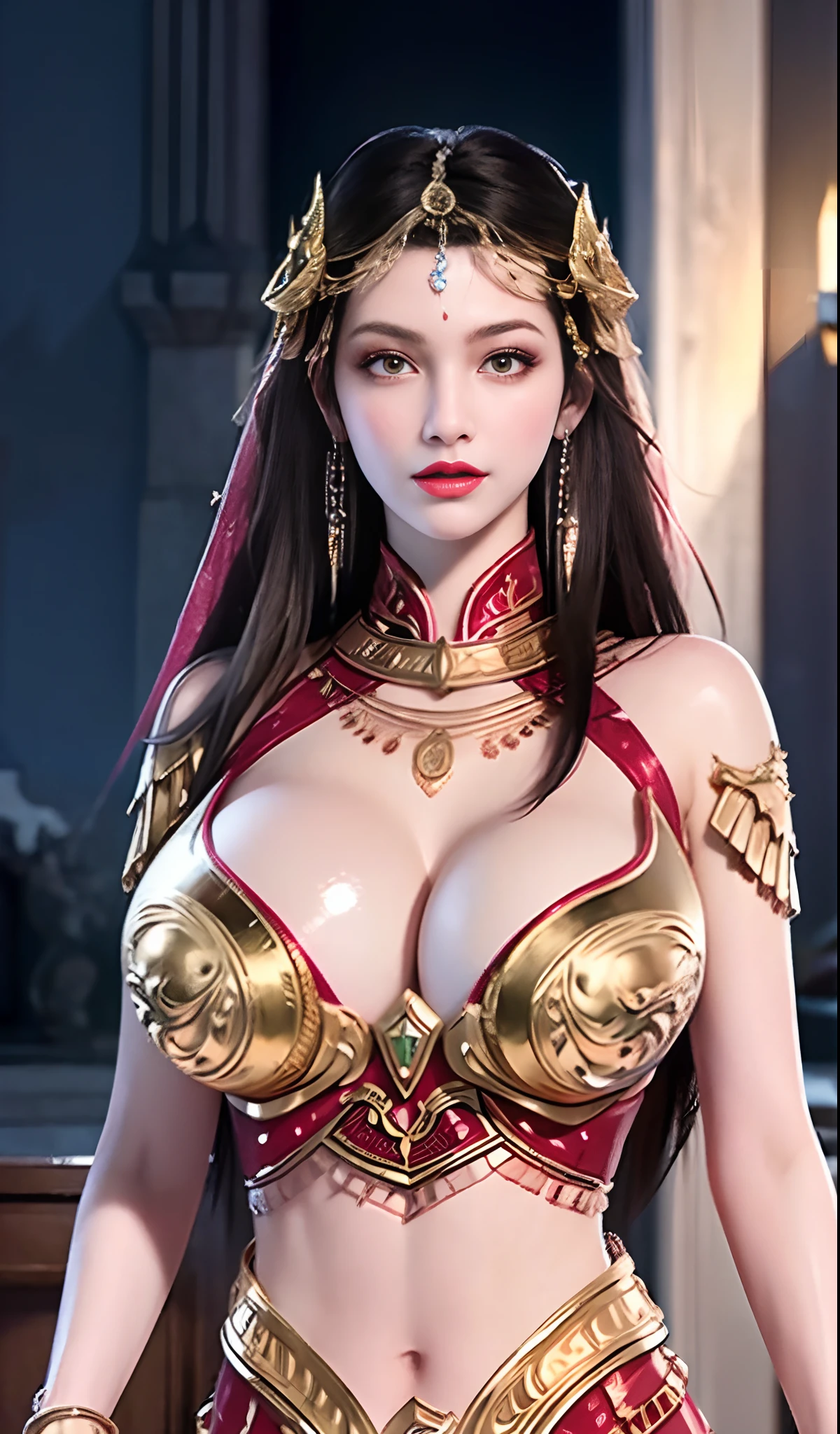 ultra realistic 8k cg, flawless, clean, masterpiece, cinematic lighting, cinematic bloom, perfect face, beautiful face, fantasy, ((unreal engine 5)), science fiction, lace trim, lace-trimmed legwear, luxury, jewelry, diamond, gold, pearl, gem, sapphire, ruby, emerald, intricate detail, delicate pattern, (charming), alluring, seductive, erotic, enchanting, hair ornament, necklace, earrings, bracelet, armlet.
((best quality:1.5)), 1 girl, solo, (muscle abs:1.2), (shiny skin:1.3), (huge fake breasts, round breasts:1.5), red dress, stocking, ((full body)), looking at viewer, (walking down in the castle room:1.2), diffuselighting, depth of fields, Background bokeh.