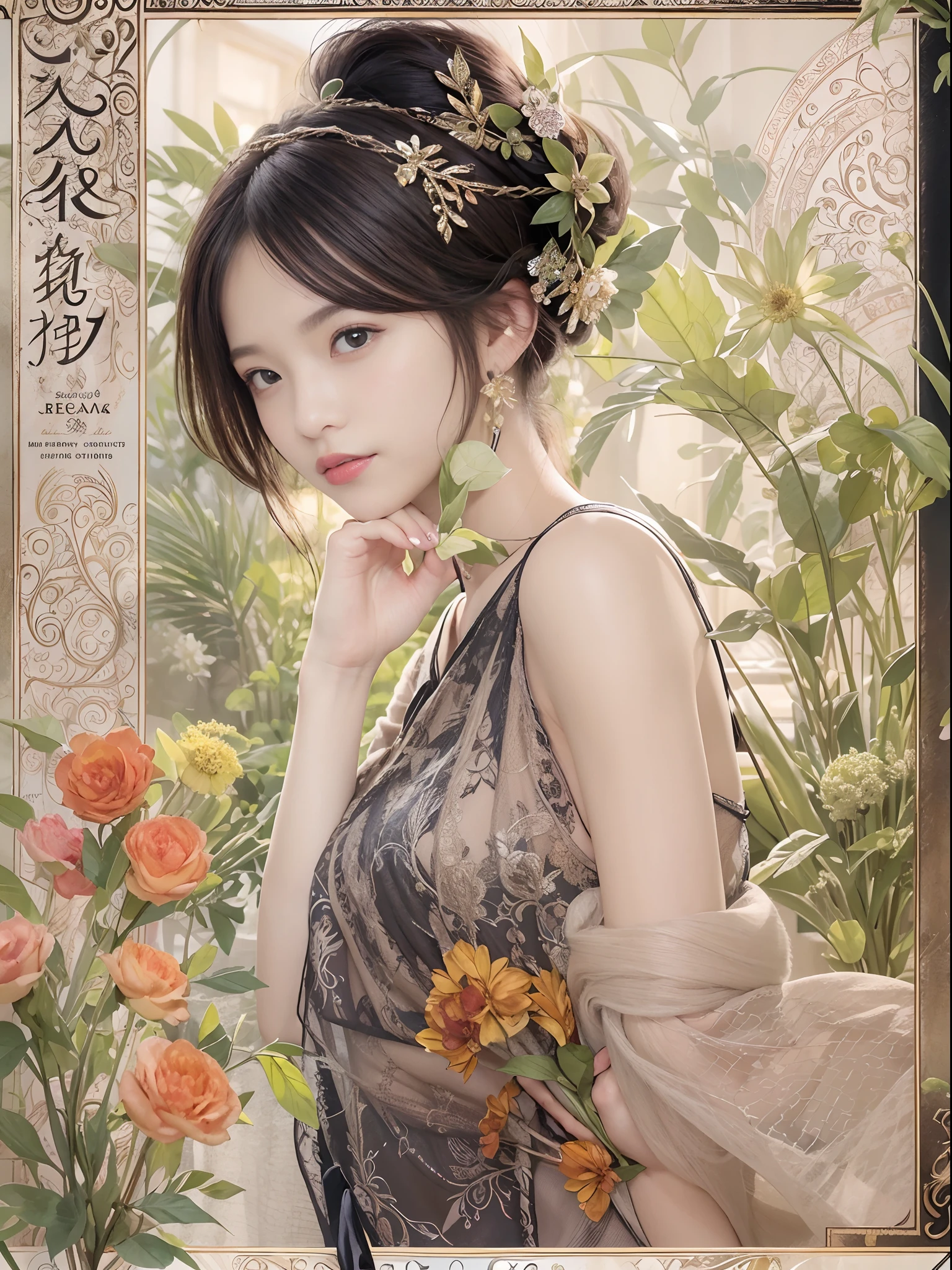 best qualtiy, ultra - detailed,beautifuldetails，(1beautiful woman)，Hair ornament on the head，depth of fields,（alluring face）,（((Black Shorthair))），A sly smile, 电影灯光, Luxurious room， depth of fields,poster for