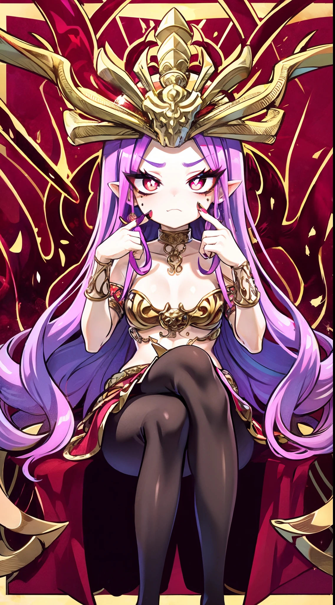 Medusa，（A white border around a red rectangular background：2.5)，There are a lot of snakes in the background，long  skirt，Sitting down， D-cups， face，stooped，High detail,Moles under eyes, Heart-shaped pupils，Love pupils，cropped shoulders，Lots of hearts，Fleshy thighs,highly rendered，detailed face with