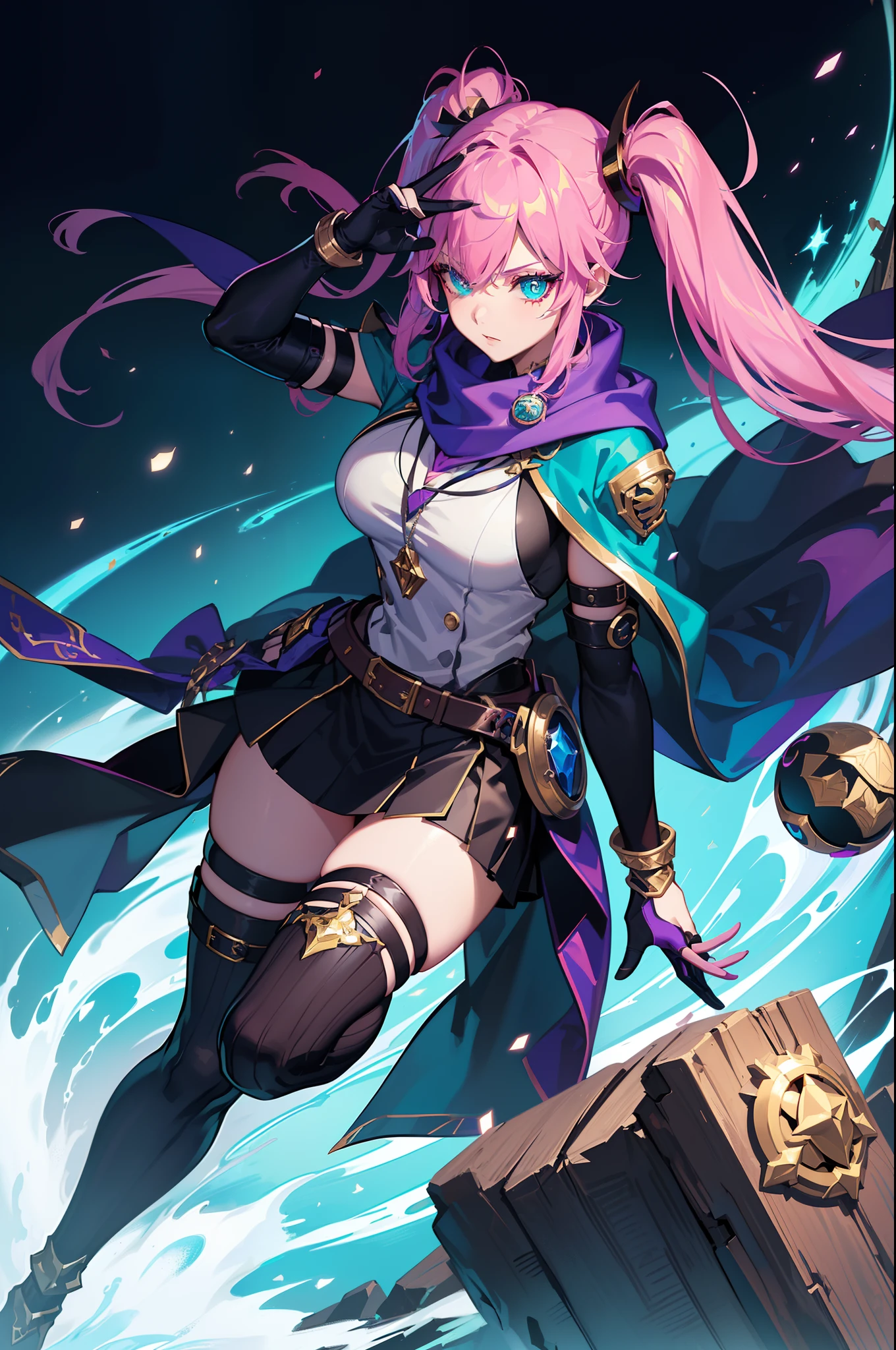 league of legend female character, hyper league of legend art style, void magic student, ((cloak, mini skirt, badge, hand glove, belt, armlet, scarf)), ((colorful twintails, colorful pupil, stripe make up, perfect body shape)), (evil aura, vine effect), (masterpieces, fantasy world, hyper resolution), library background
