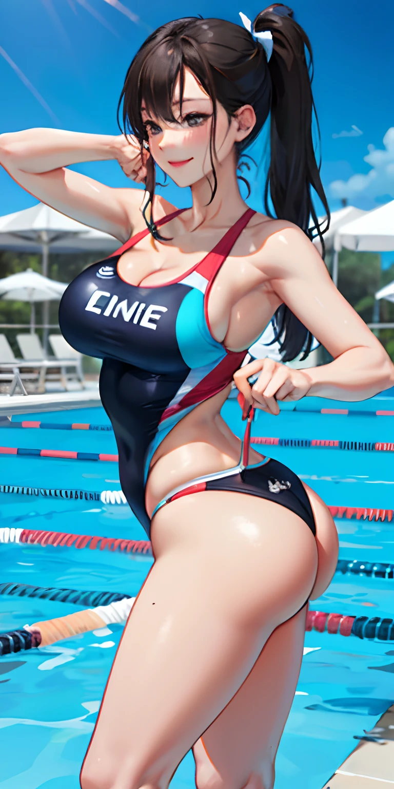 realisticlying、、Competitive swimsuit style girls、Big butt、Thicker thighs、Slightly emphasize the chest and cleavage、Face Real、A sexy、Pool with big chest face on smiling background