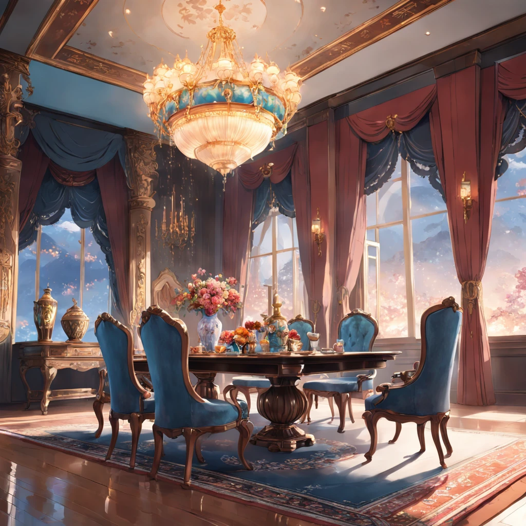 8K, best quality, masterpiece, anime style,There is a dining table with chairs and vases, the dining table, the dining room of the house, magnificent chandeliers, murals, and a Persian carpet under the dining table. It is a professional and unique masterpiece, elegant and highly decorated, real estate photography