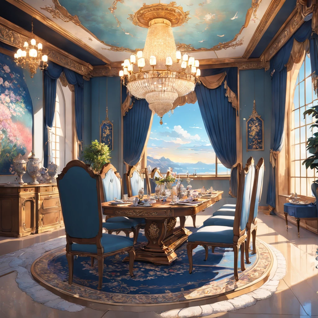 8K, best quality, masterpiece, anime style,There is a dining table with chairs and vases, the dining table, the dining room of the house, magnificent chandeliers, murals, and a Persian carpet under the dining table. It is a professional and unique masterpiece, elegant and highly decorated, real estate photography