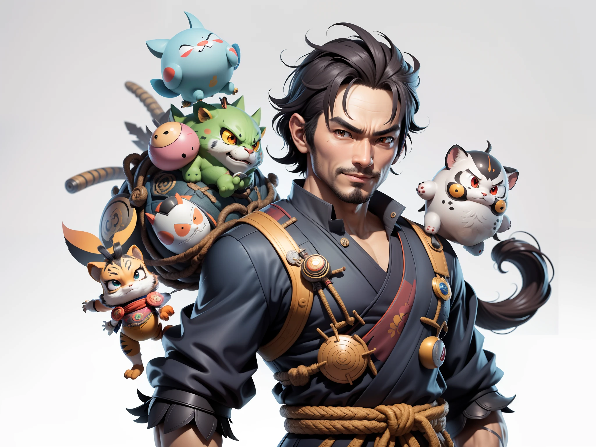 (Daisaku),(Need),(Super meticulous),(full bodyesbian:1.2),Super young man with Japanese geisha,Beautiful,orient,one tiger,Aeolian Thor,Raised sexy,爆乳,Oriental face,TV Anchor,Bust portrait illustration,In black suit,a blue tie,The face is slightly chubby,The face was clean,without a beard,Black super short hair,Black eyes,Smile confidently,3C computer sub-products,iPad, iphone,Digital painting,3D character design by Mark Clairen and Pixar and Hayao Miyazaki and Akira Toriyama,The illustration is a high-definition illustration in 4K resolution,With very detailed facial features and cartoon-style visuals。
