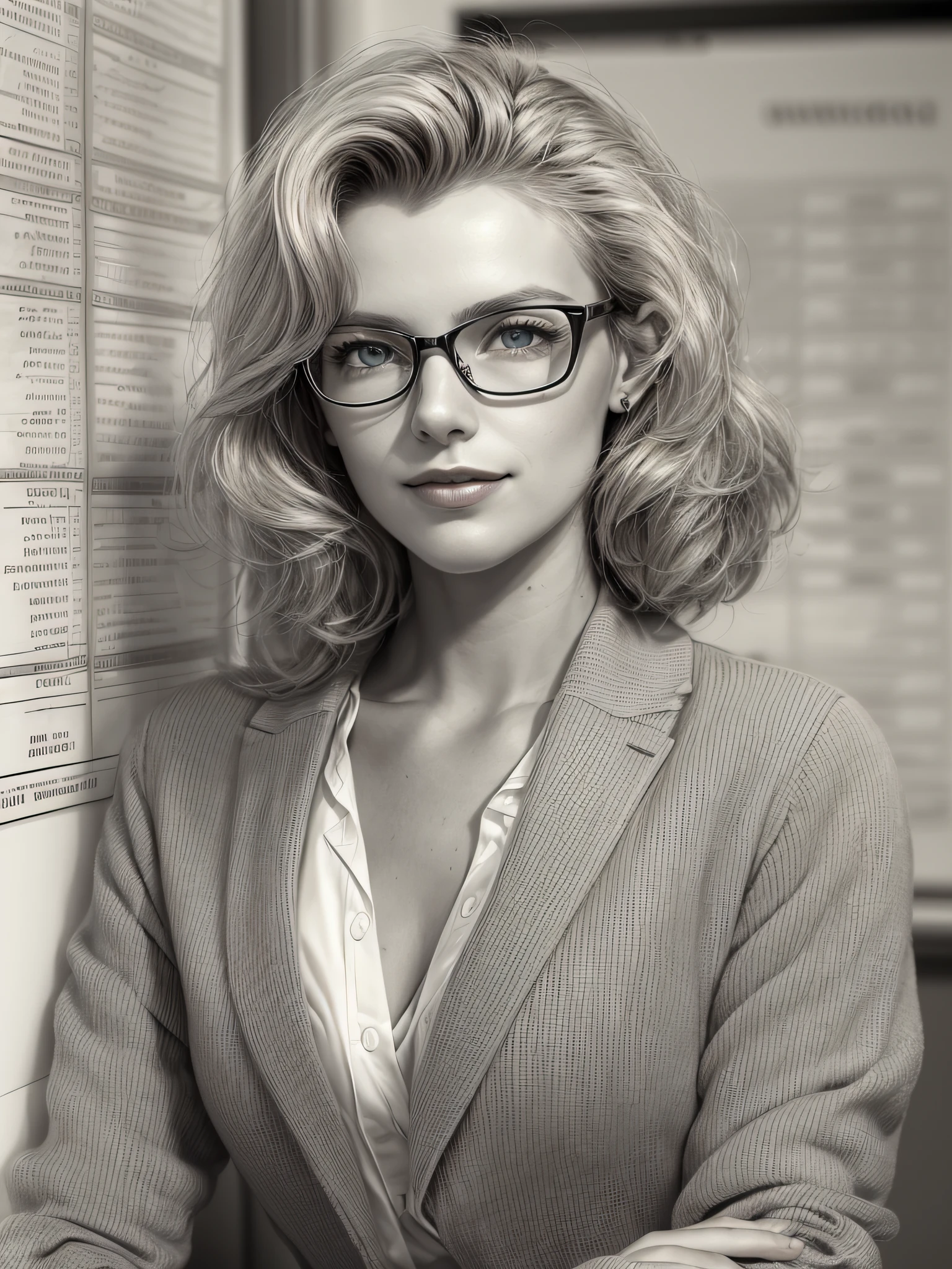A beautiful young blonde woman [Marilyn Monroe:Maud Adams:0.15] Exude confidence and wisdom in a sleek modern office space，Next to it are complex financial charts on the wall, You can feel her analytical thinking at work, Directly in the camera gaze, A slight smil, full bodyesbian, Top model measurements, Modest office dress code, Wearing glasses, Cute face, Still very professional, author：Alejandro Bourdicio