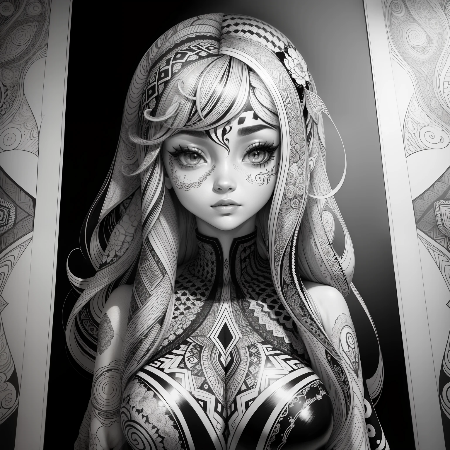 Zentangle, coloring book illustratio, black and white, fine line art, fine line drawing (brains),  Eduardo Kobra acolchoamento ,multidimensional geometric PORTRAIT wall, arte, chibi,
yang08k, lindo, colorido, obras-primas, qualidade superior, melhor qualidade, arte oficial, beautiful and aesthetic,
