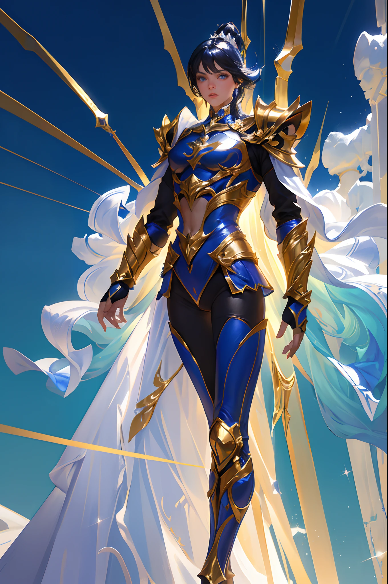 Ultra-high saturation，（tmasterpiece）， fully body photo，（best qualtiy）， （1girll）， starryskybackground，Wearing shiny gold armor， Sexy lingerie type armor，Expose your chest，Expose the waistline，Exposing thighs，cool-pose， Saint Seiya Armor， messy  hair，high detal, Anime style, Cinematic lighting, Sparkle, god light, Ray traching, filmgrain, hyper HD, textureskin, super detailing, Anatomical correct, A high resolution，Ultra-high saturation，hight contrast，High-gloss armor，Smooth skin，Serious expressions,Dark room,