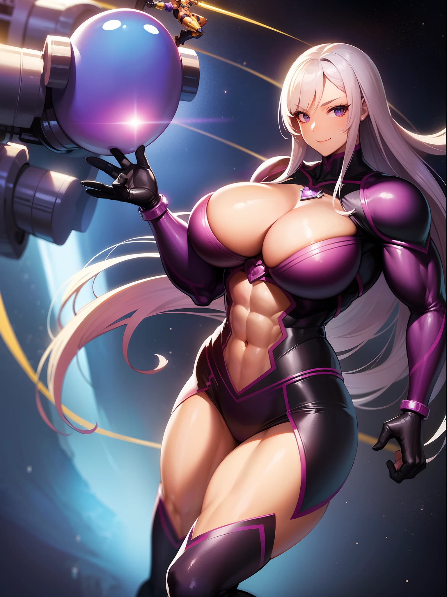 Transcendent beauty illustration、Female Officer、((Muscular beauty :1.5))、8K、(Super Giant Chest :1.5)、Muscle Murasaki Shikibu、street fighter,mechanical suit,alien hunter,Metal Body Armor,Space Detective,smile,slime,