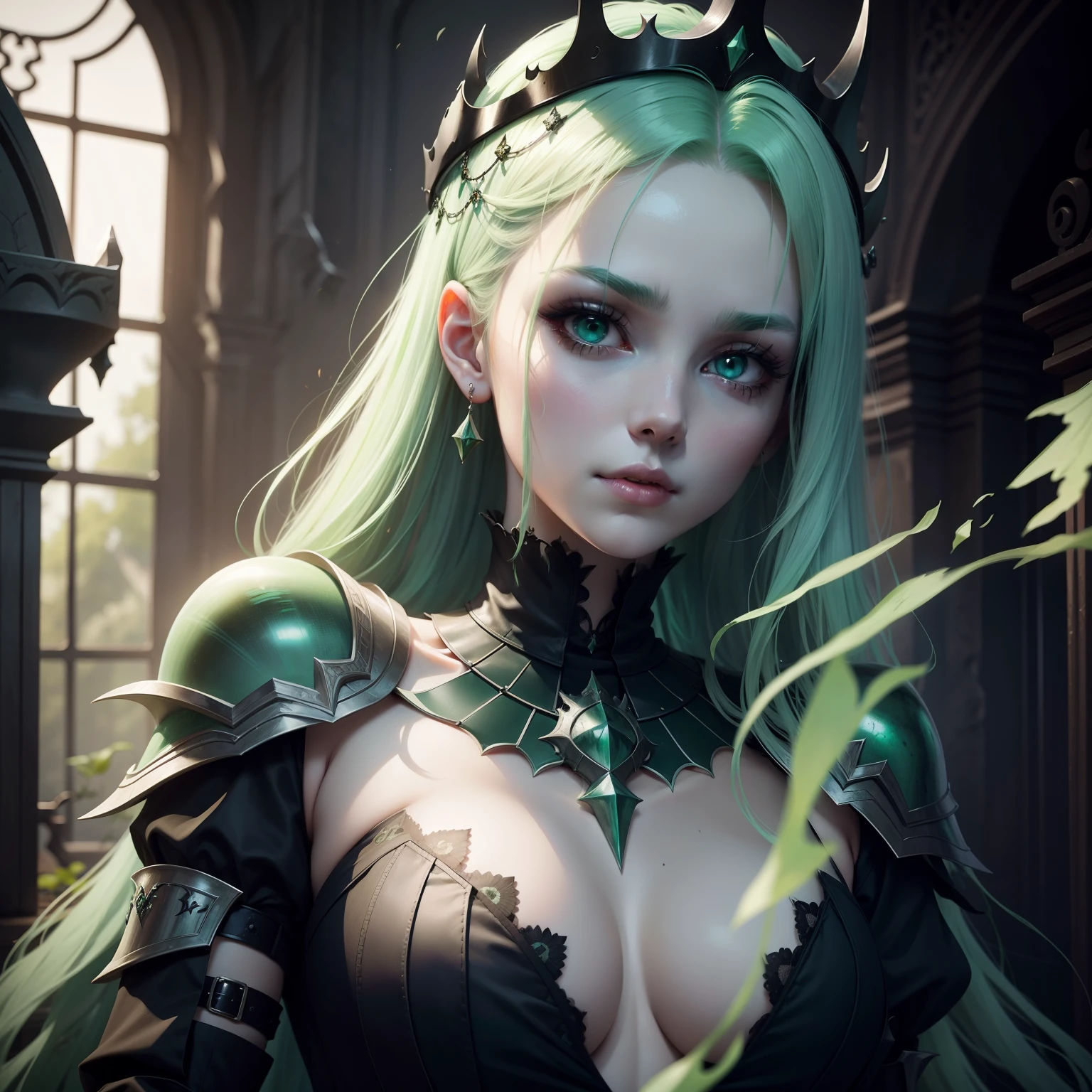 Beautiful ghost queen with green burning hair around her with pale face with gothic armor