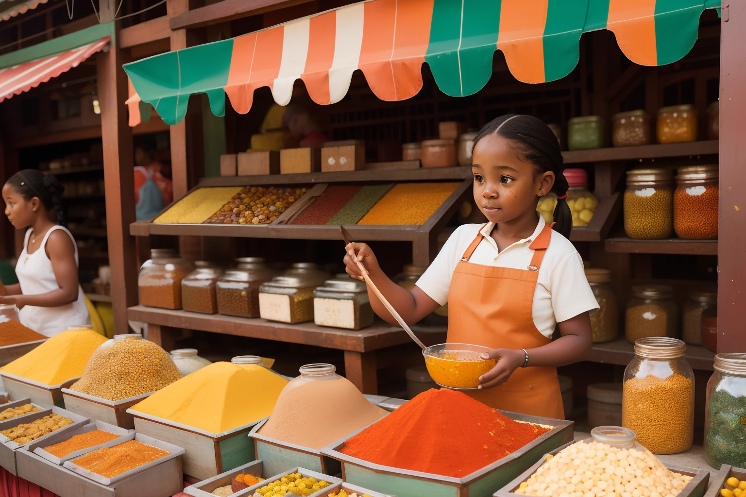 Year: 2018
Country: Grenada
Description: In a bustling spice market in St. George's, a young girl with freckles and pigtails carefully selects vibrant spices displayed in old-fashioned glass jars. The market stalls are adorned with colorful awnings, and the intricate mosaic tiles underfoot create a playful backdrop for her exploration.