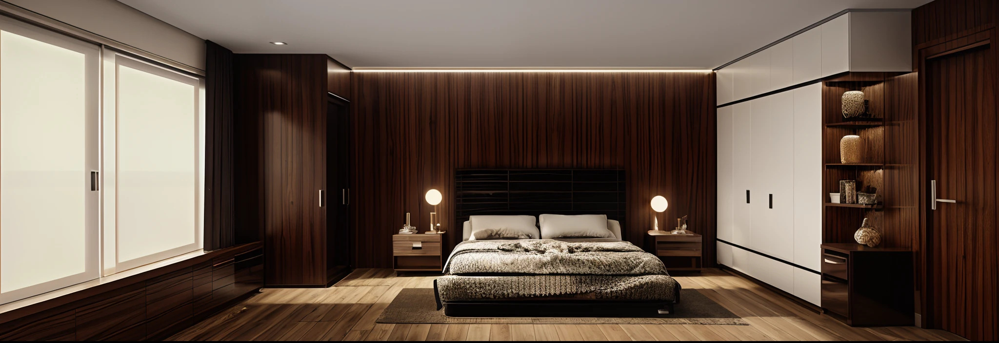 MODERN BEDROOM, WINDOWS, 1 LEATHER BED, 1 GLASS WINDOW, WOODEN FLOORS, WHITE Ceiling, SOFT LED, COLORS, COLORS GOLD LIGHT, ((RENDER VRAY)), ((SUPER REAL PICTURE)) , ((8K RESOLUTION)), LUXURY, ((Wood Floor)), INTERIOR LIGHT TONE, BLACK GLASS, DOWLIGHT Ceiling Light, CLEAR NIGHT LIGHT, (masterpiece), (high quality), quality best quality, authentic, (realistic), super detailed, (full details),(4k), 8k , floor mats, balcony doors, ((LEDs bounce off the waves))