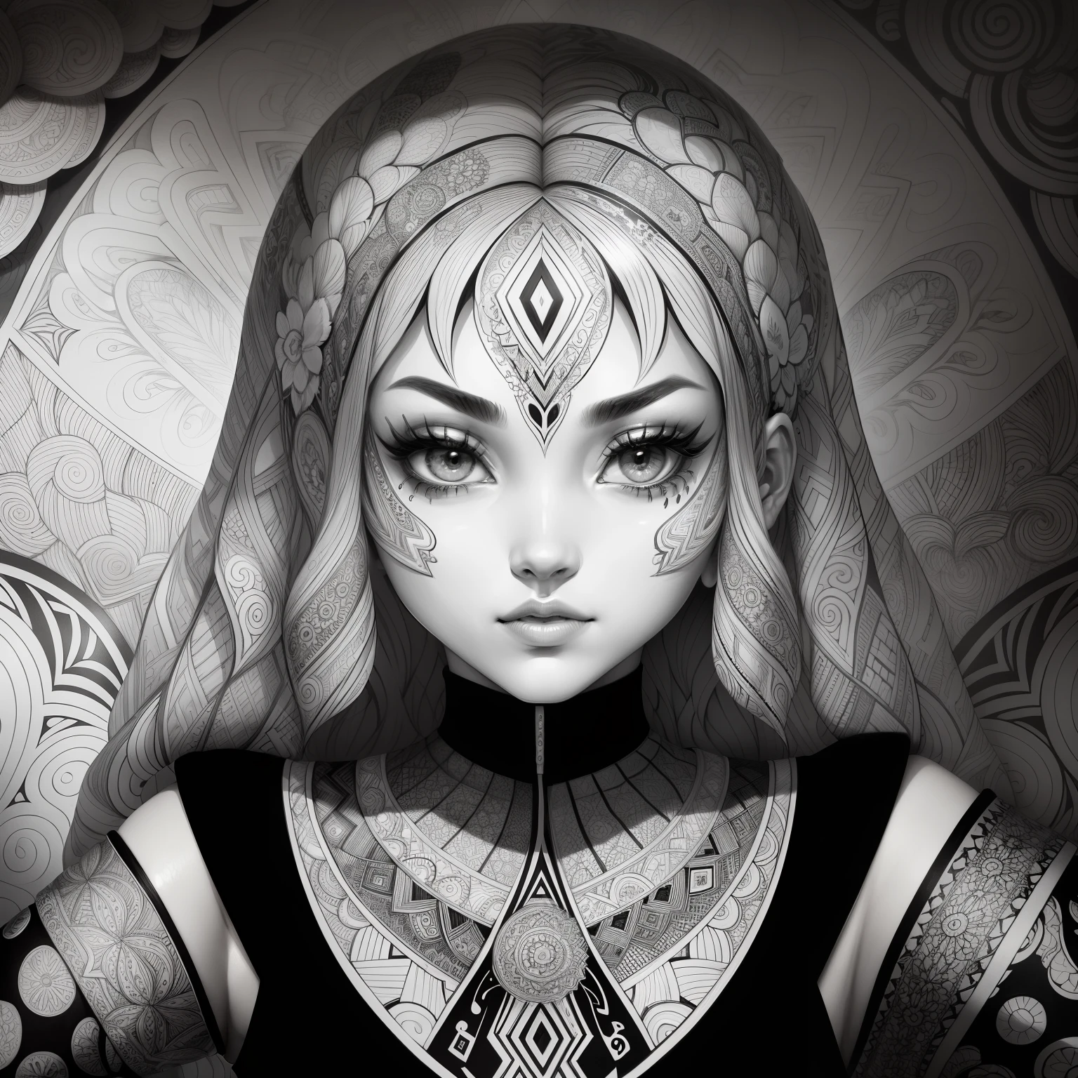 Zentangle, coloring book illustratio, black and white, fine line art, fine line drawing (brains), Eduardo Kobra acolchoamento ,multidimensional geometric PORTRAIT wall, arte, chibi, yang08k, lindo, colorido, obras-primas, qualidade superior, melhor qualidade, arte oficial, beautiful and aesthetic