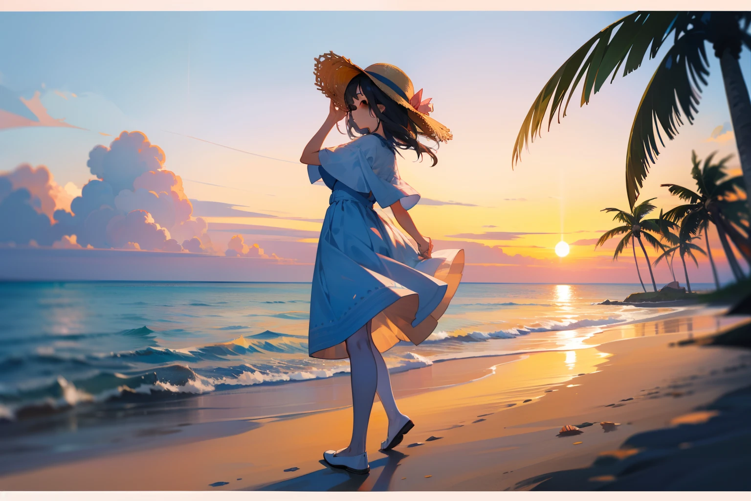 A young girl walks on the beach,One hand up,Ruffle your hair,With a straw hat,Wearing a short white skirt,Behind you is the sea,Islands in the distance,warm lights,The girl closed her eyes,White tights,There are coconut trees at the edge of the picture,The character is on the left side of the frame,the sunset,There are shells on the beach
