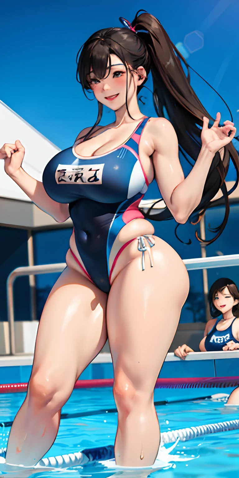 realisticlying、、Two girls in competitive swimsuit style、Big ????、Thicker thighs、Slightly emphasizes ??????? and cleavage、Face Real、A ????、Pool with big ????? face on smiling background