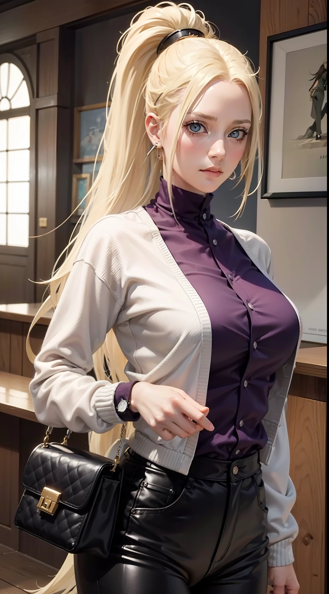 yamanaka ino from anime naruto, blonde hair, long hair, ponytail, wearing mascara, perfect body, perfect breasts, beautiful woman, very beautiful, wearing a white shirt, wearing a purple cardigan, black pants, wearing a handbag, wearing a watch , wearing earrings, being in a mall, Realism, masterpiece, textured skin, super detail, high detail, high quality, best quality, 1080P, HD, 16k