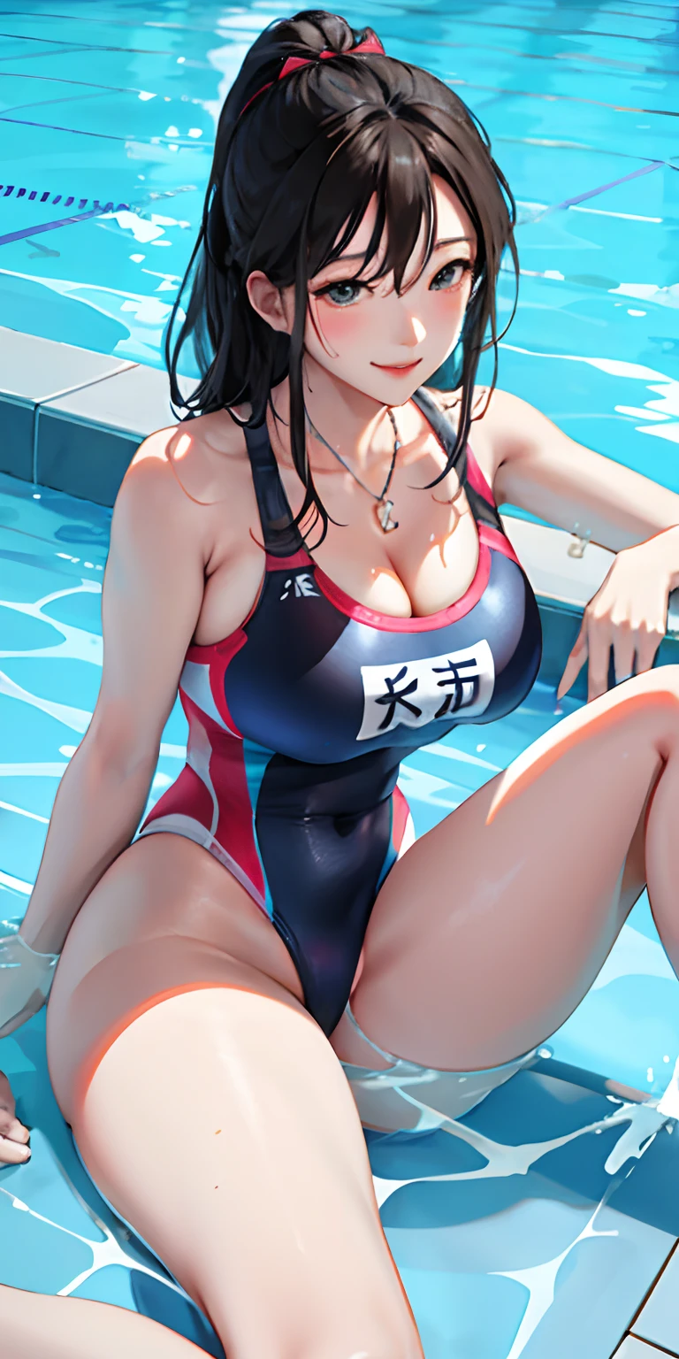 realisticlying、、Competitive swimsuit style girls、Big butt、Thicker thighs、Slightly emphasizes breasts and cleavage、Face Real、A sexy、Pool with big chest face on smiling background