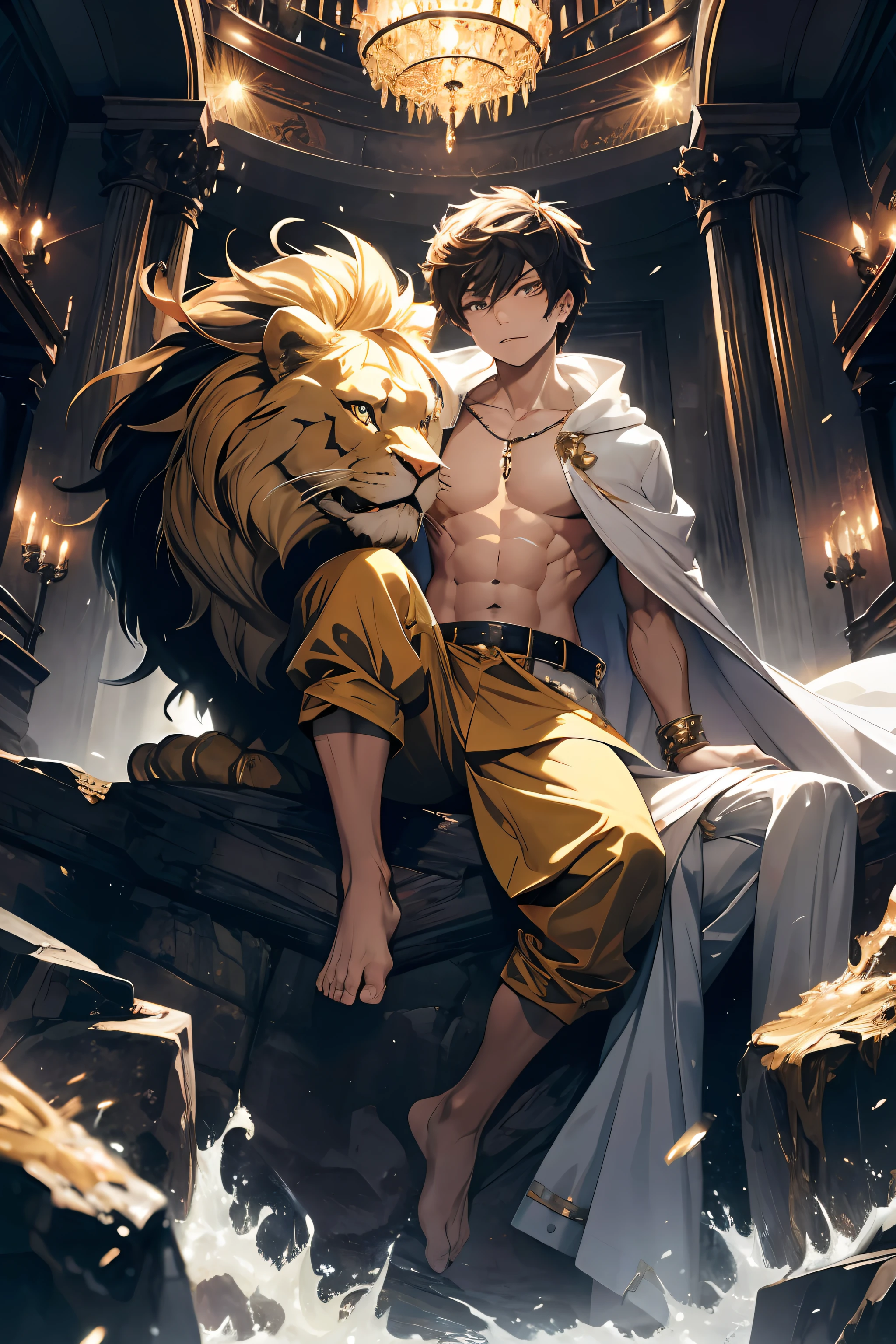 (absurdres, highres, ultra detailed, HDR), masterpiece, best quality, a little boy sitting on golden lion back, in arrogant look, solo, little boy, golden lion, giant lion, handsome, golden eye, glowing eye, white robe, earring and accessory, bare chest, arrogant face, full body, magic vortex, spark, swirl, black aura, a dramatic sky, heaven, abstract background, from side, look up, evil smile