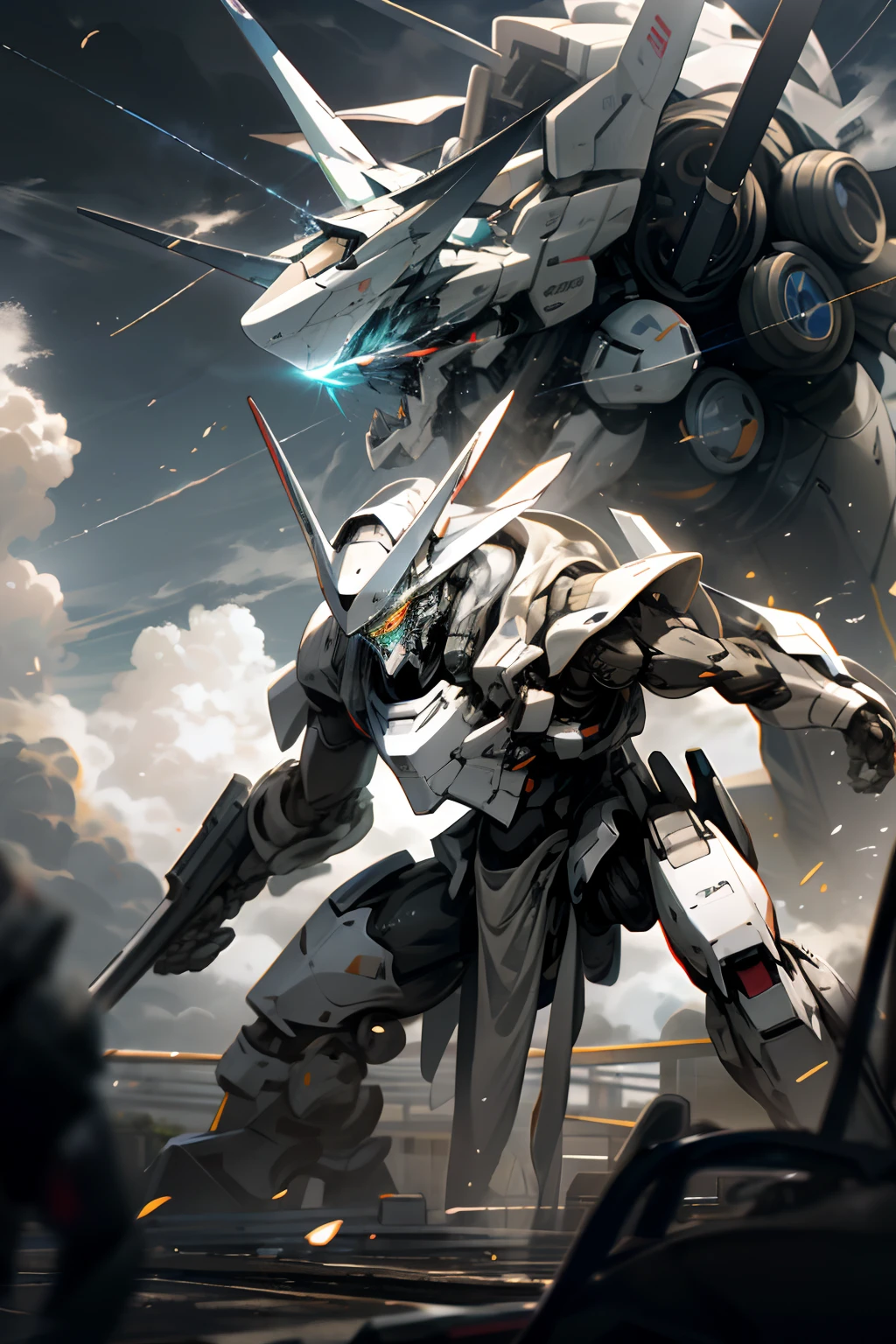 Skysky，​​clouds，Holding_arma，No_Humanity，with light glowing，，Two robots are dueling，fistfight，combats，buliding，Glowing_Eyes，Mecha，scientific fiction，The end of the world，城市，Realistis，Mecha