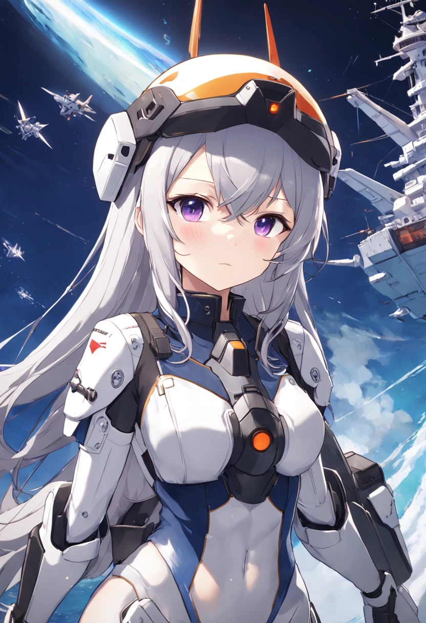 Anime character wearing helmet and goggles in front of spaceship, from the azur lane videogame, azur lane style, Kantai Collection Style, girls frontline universe, door gunner, VR Games, macross frontier splash art, kantai collection arcade, macross frontier, anime bullet vfx, Trending on CGSTATION, macross, Schmup, girls frontline cg