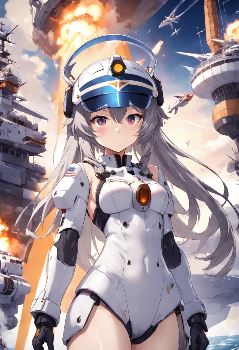 Anime character wearing helmet and goggles in front of spaceship, from the azur lane videogame, azur lane style, Kantai Collection Style, girls frontline universe, door gunner, VR Games, macross frontier splash art, kantai collection arcade, macross frontier, anime bullet vfx, Trending on CGSTATION, macross, Schmup, girls frontline cg