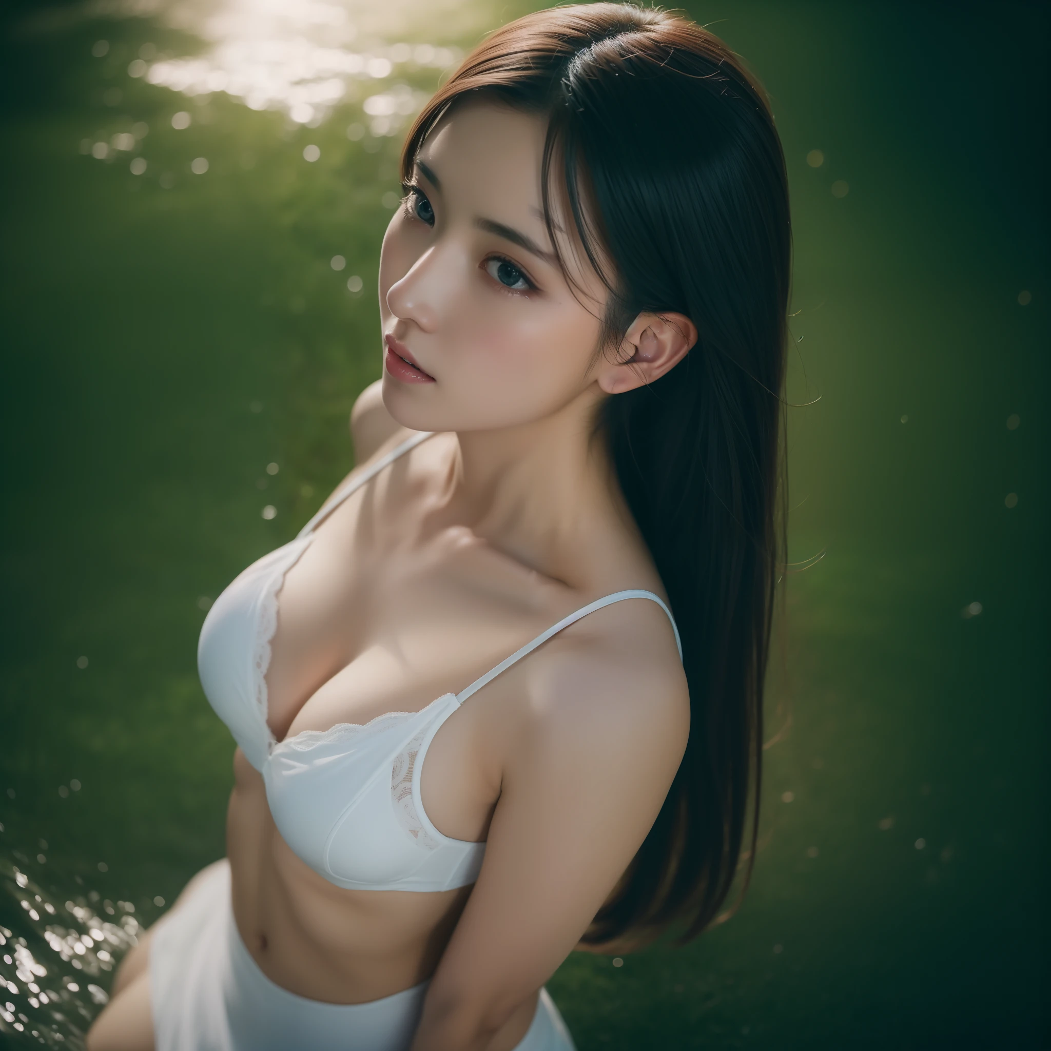 (Top image quality, 8K, ​masterpiece), top-quality, 超A high resolution, a beauty girl, 18year old, Upper body portrait, From  above, Happy look, 二重まぶた, Detailed eyes, A detailed face, maikurobikini, large full :1.4, Fashionable hairstyle, Large bathroom, a wet body, dynamic compositions, Cinematic lighting, Professional Certification, Photorealsitic, real looking skin, nffsw, The overall atmosphere is enchanting and , yet、Gives a unique artistic touch。Vivid tones stand out, Evokes visual stimuli and aesthetic sensations, It is full of  charm that excites the viewer。 Create high-quality pieces that weave spectacular situational elements into a bright healing world。Her charming figure and fantastic and magnificent background、It will make a deep impression on the viewer as a unique work of art.。