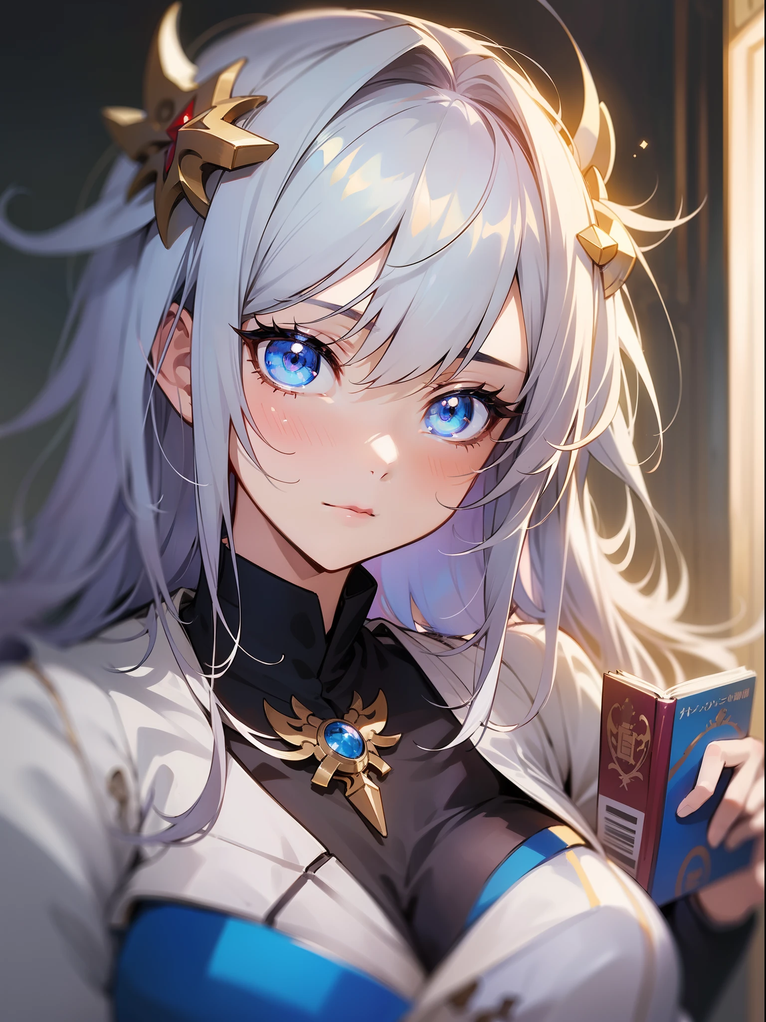 Close-up of face,Diagonal angle., complex details beautiful and delicate eyes, anime girl with long white hair and blue eyes posing for a picture, shadowverse style, smooth anime cg art, sayori, detailed digital anime art, guweiz, sui ishida art manga, shadowverse, official artwork, pixiv style, detailed anime artwork, artbook artwork, seductive anime girl, sougetsu, detailed anime character art, waifu