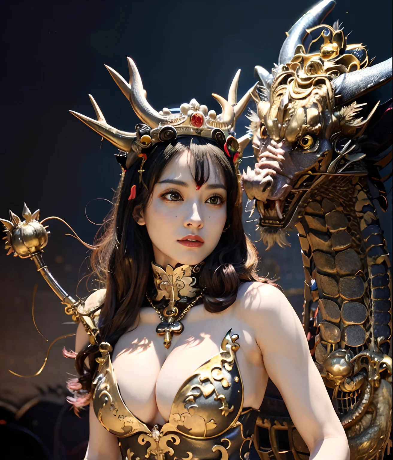 Professional , masterpiece、top-quality、photos realistic , depth of fields (Gemstone Black Metal Body:1.9),(Enamel Black、(cleavage of the breast)、(Chinese Dragon)、Dragon Gold Weapon(Dragon Metal Body:1.4),Gorgeous gold weapons ,(( Dragon's dense and gorgeous sword)) , 、blood splashing、 ,warhammer 40k , adepta sororitas,Detail and gorgeous crown、((Brown hair))、(The dragon)、(Castle background)、The dragon、((Gangle's forest background))、Beautiful Caucasian beauty、(1a person)、dynamic ungle,(((Detailed and ornate Black Devil Crown)))、Smaller head、A smile、Castle background、Thin and beautiful female hands、cleavage of the breast、Mystical expression、Light Effects、Wind-effect、magic circles、With the legendary magic wand、(demonic wings)、Toostock、Look at viewers、