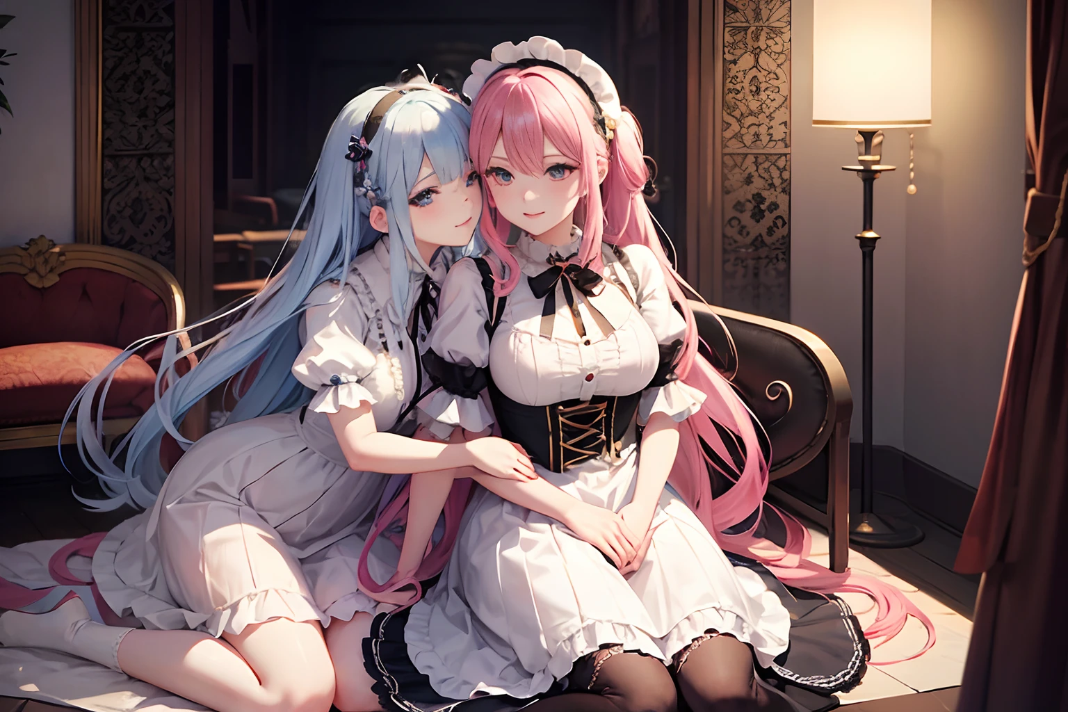 infp young woman、ta Fashion、Katyusha、Mellow iridescent eyes、Floating hair、Anime Art Style、Looking at the viewer、huge smile、Full body、Rainbow Gradient Hair Color、Colossal tits、Short sleeves、Beautiful skin、Hallway of the mansion、nobles、sitting gracefully、a chair、Women hugging each other、Woman kissing on cheek、Lace decoration、Classy ornaments、