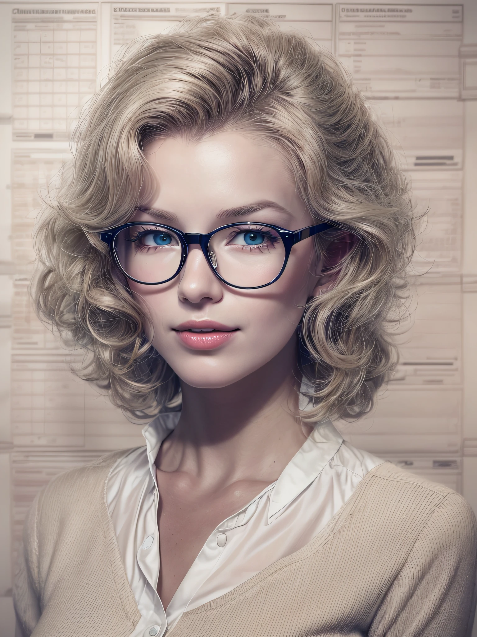 A beautiful young blonde woman [Marilyn Monroe:Maud Adams:0.15] Exude confidence and wisdom in a sleek, modern workspace，Next to it are complex financial charts on the wall, You can feel her analytical thinking at work, Directly in the camera gaze, A slight smil, full bodyesbian, Top model measurements, Modest office dress code, Wearing glasses, Cute face, Still very professional, author：Alejandro Bourdicio